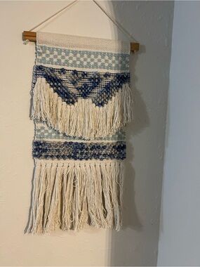 Boho Cream and Blue Textured Woven Wall Tapestry